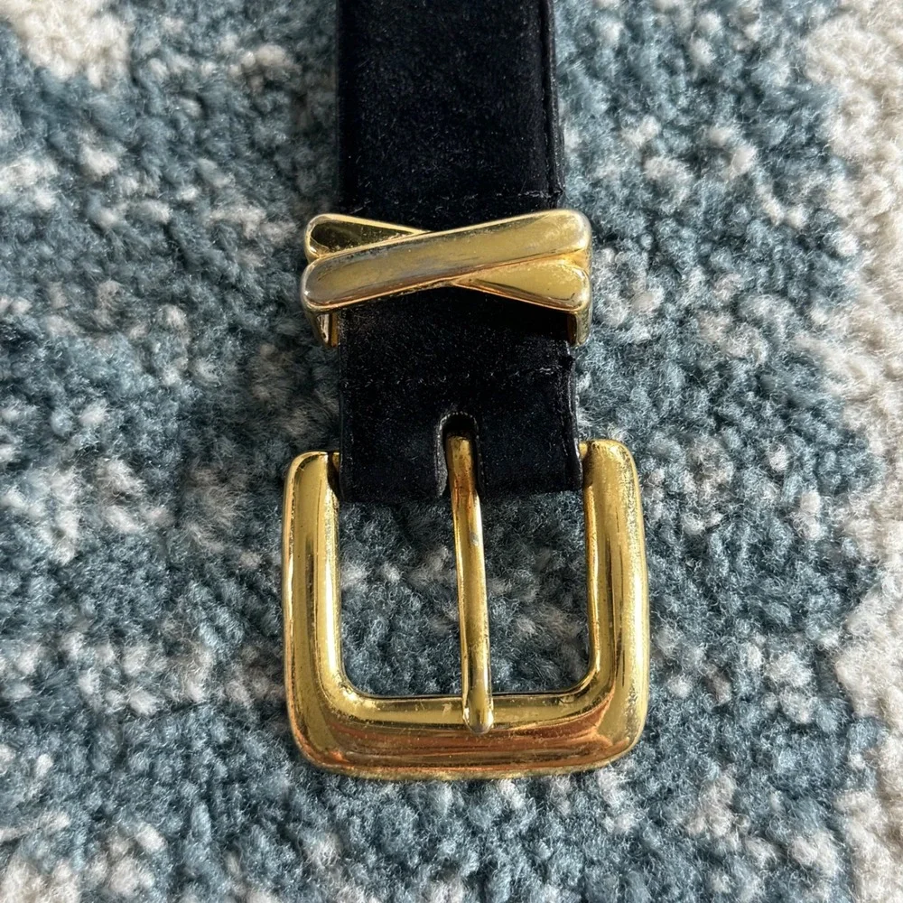 Vintage Ashley Moore Black Suede Genuine Leather Belt Gold X Buckle Large